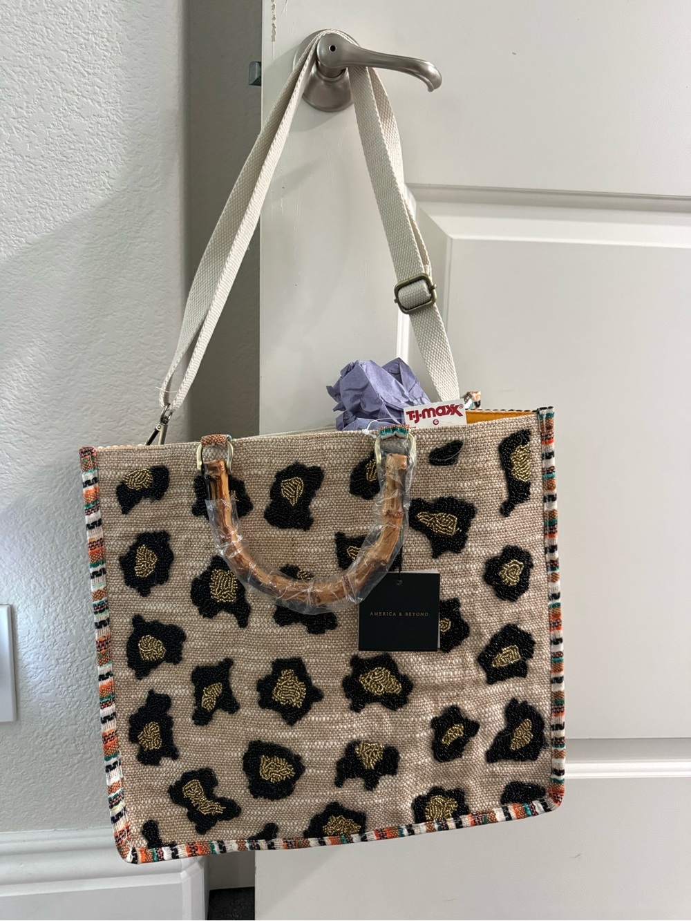 Beige Leopard-Print Beaded crossbody Tote Bag - Picture 5 of 6